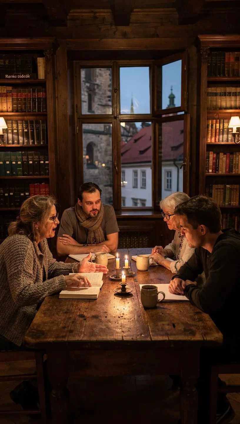 Ilustrace filozofa s hlubokým zamyšlením, obklopeného knihami.