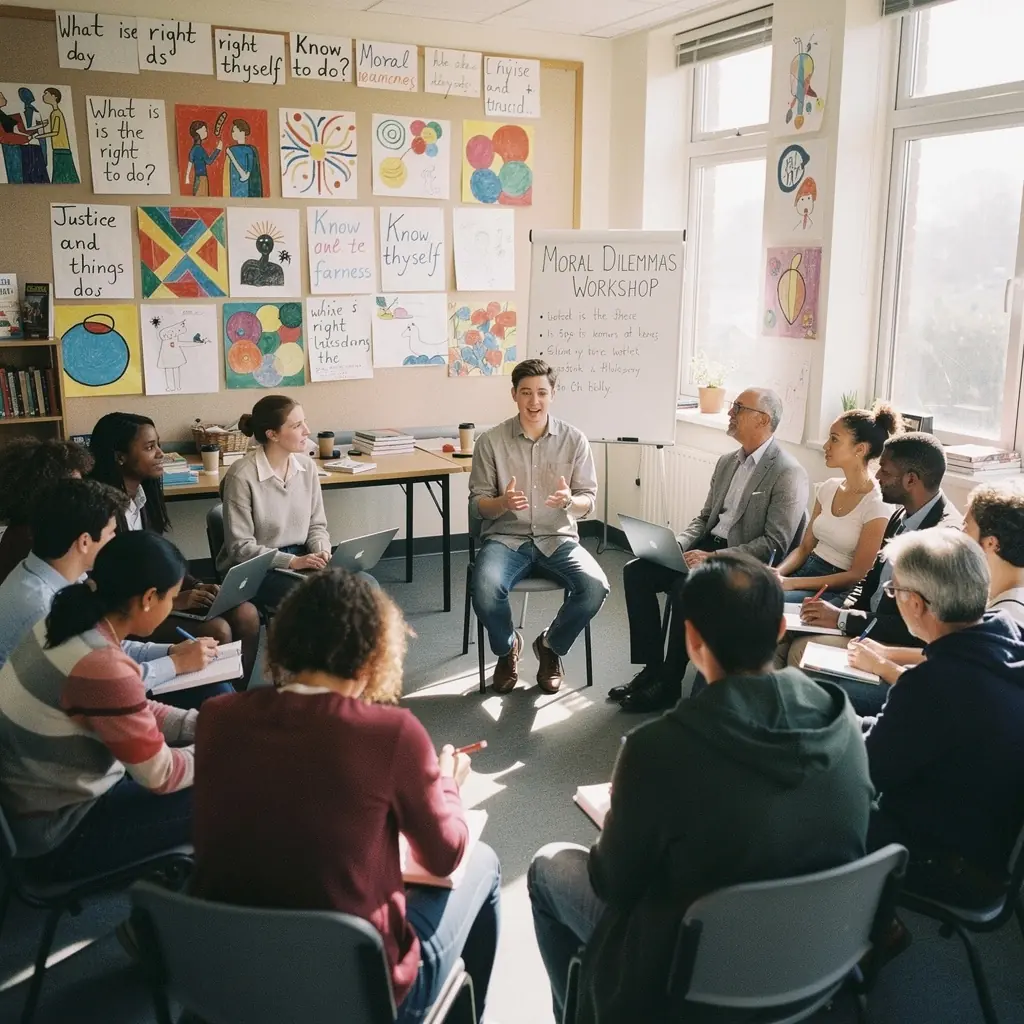 Snímek skupiny lidí diskutujících o etických otázkách v parku.