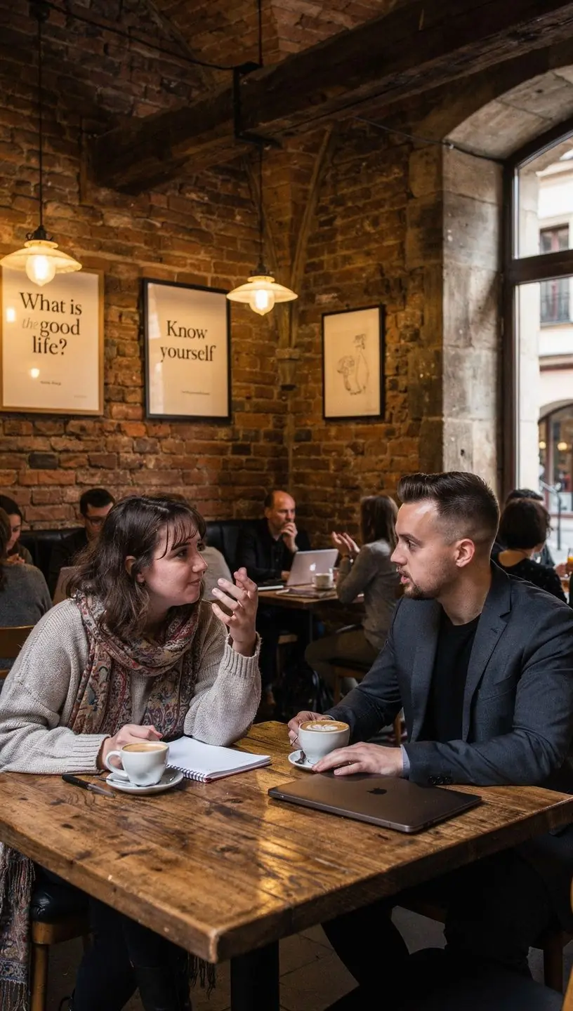 Skupina lidí diskutujících o filozofii v příjemném prostředí kavárny.