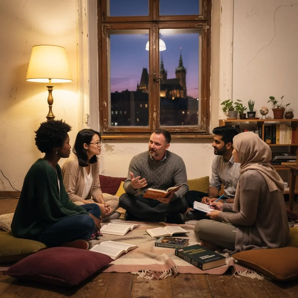 Ručně psané poznámky a myšlenky roztroušené kolem filozofických knih.