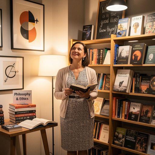 Zátiší s otevřenou knihou o filozofických myšlenkách a poznámkovým blokem.