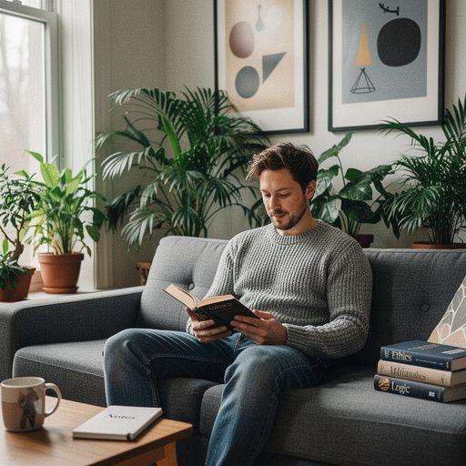 Knihovna plná filozofických děl s teplým osvětlením.